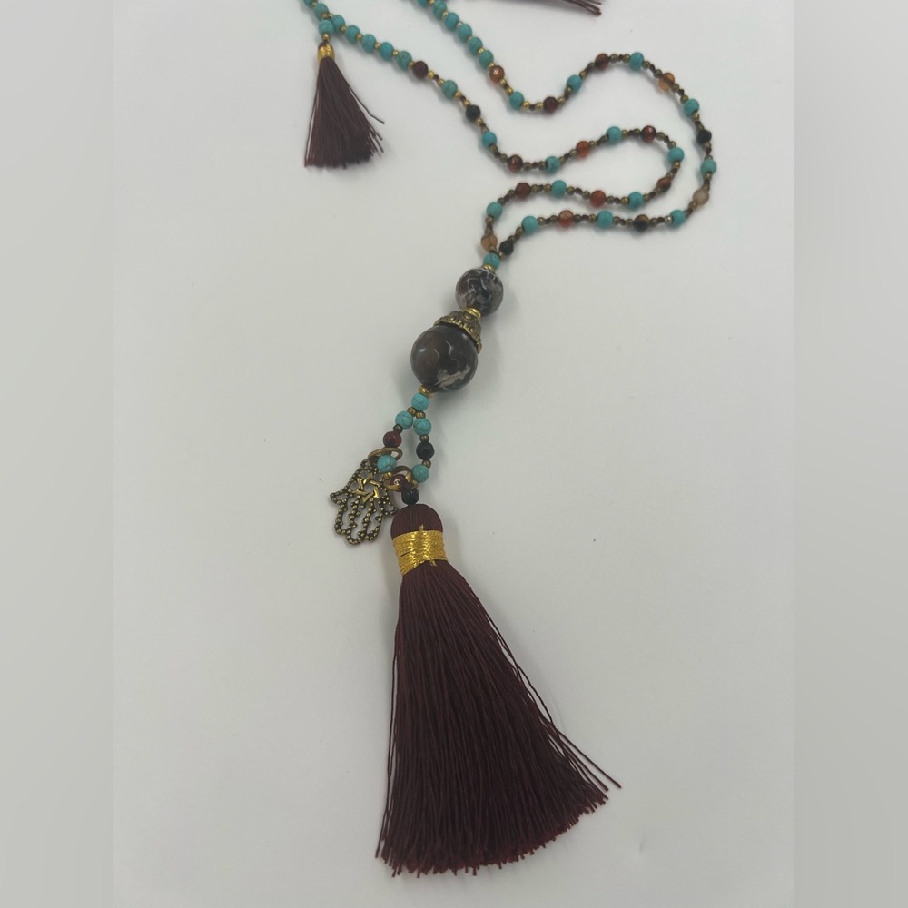 Long Maroon Tassel Necklace w/Hamsa Charm, Turquoise, Glass & Gem Beads 40”